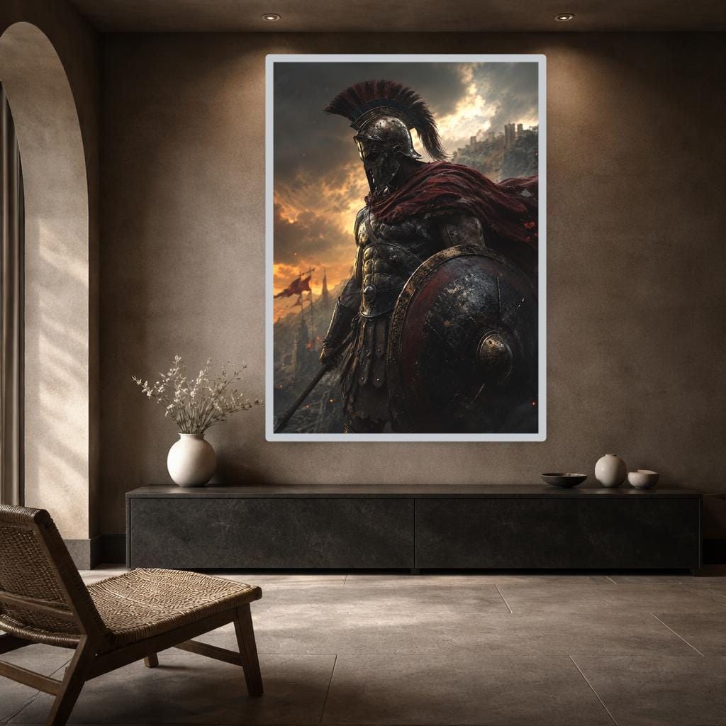 Red Samurai Warrior Canvas Wall Art, Sword Warrior Portrait, Japanese Study Decor, Framed Canvas