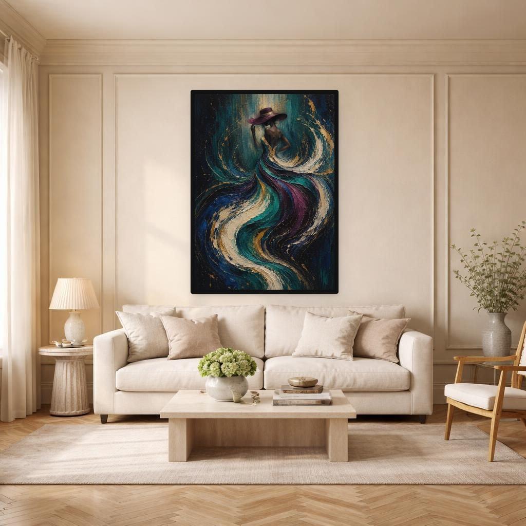 Teal Textured Abstract Art Woman in Colorful Dress Canvas Wall Art, Portrait Wall Art, Living Room Decor, Framed Canvas