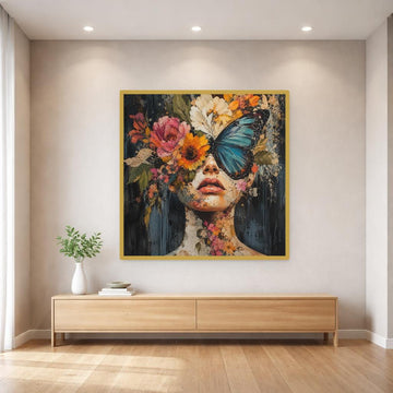 Floral Woman Portrait Framed Canvas Print, Black Red Floral Wall Art, Dark Romantic Bedroom Decor