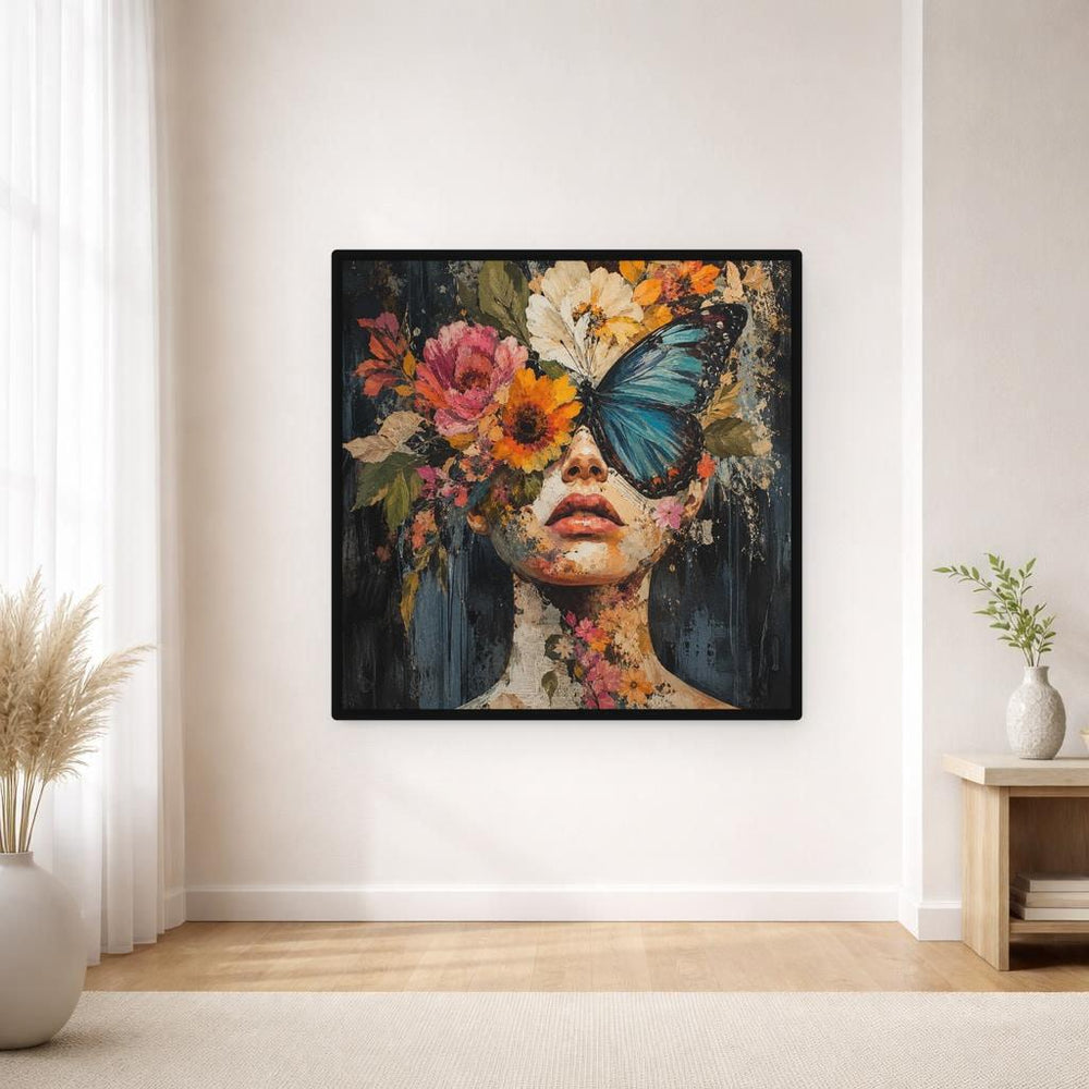 Floral Woman Portrait Framed Canvas Print, Black Red Floral Wall Art, Dark Romantic Bedroom Decor