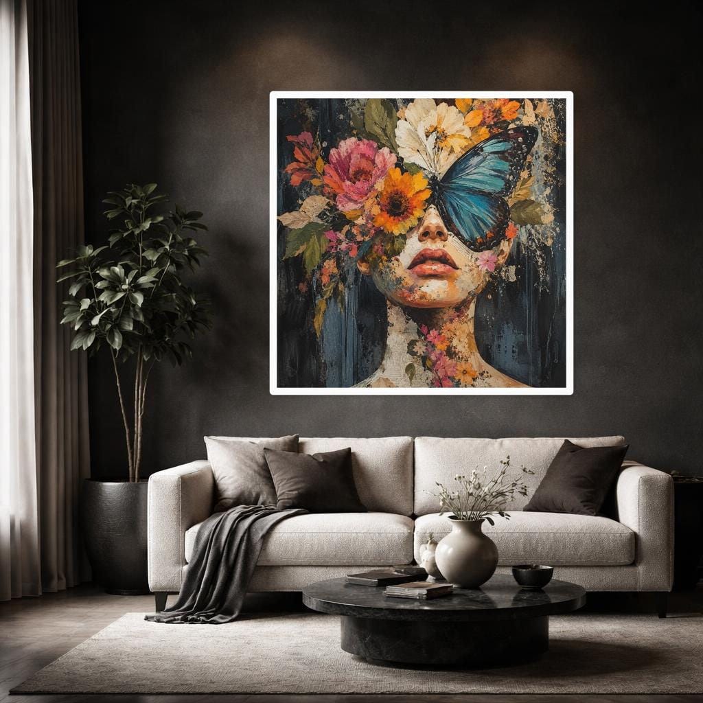 Floral Woman Portrait Framed Canvas Print, Black Red Floral Wall Art, Dark Romantic Bedroom Decor