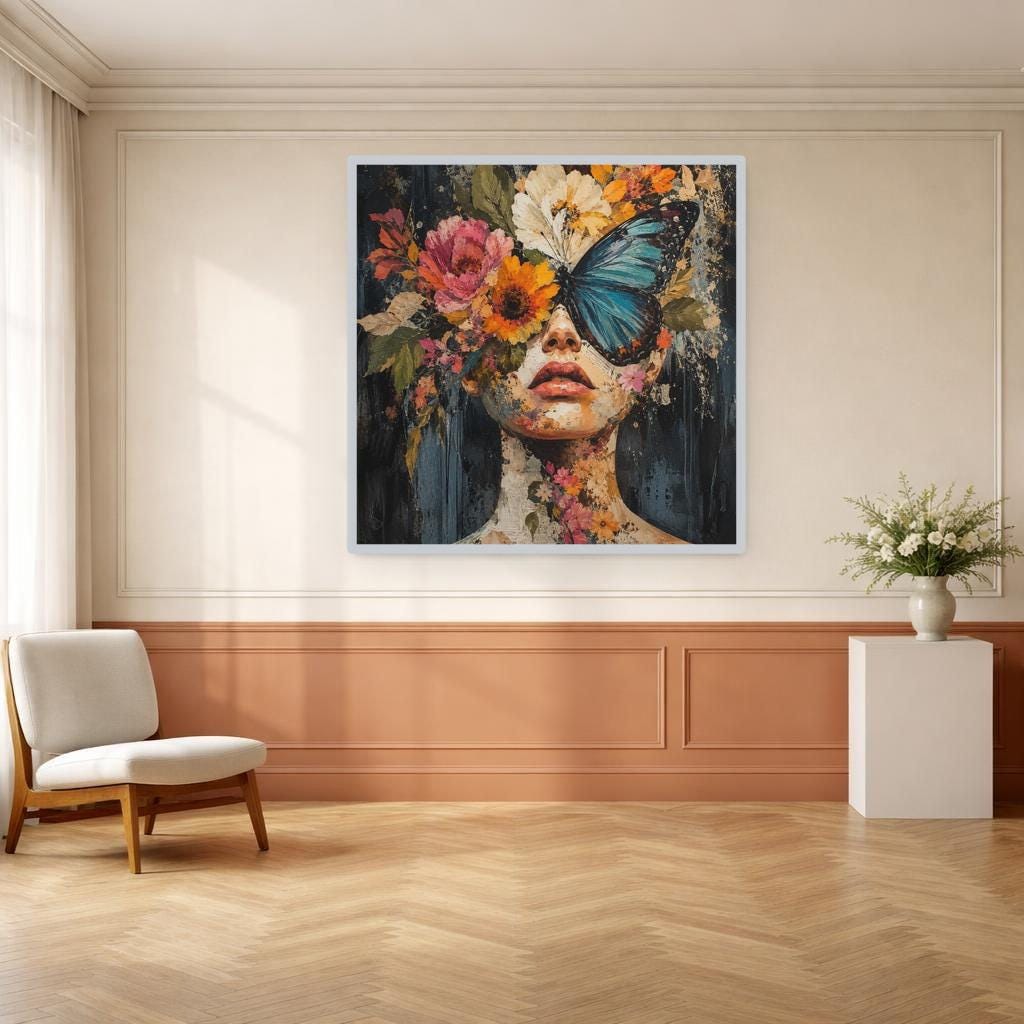 Floral Woman Portrait Framed Canvas Print, Black Red Floral Wall Art, Dark Romantic Bedroom Decor