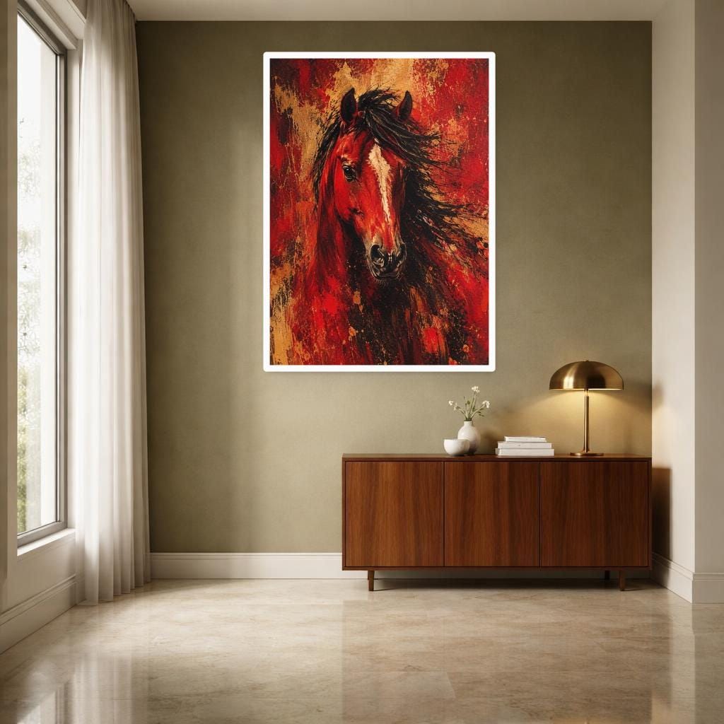 Red Horse Portrait Wall Art Print, Bold Animal Art Canvas Art, Living Room Decor, Ready to Hang
