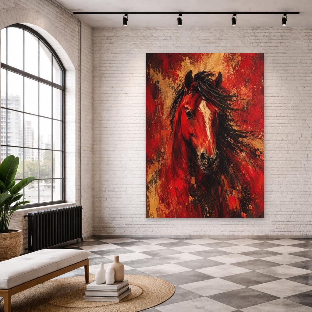 Red Horse Portrait Wall Art Print, Bold Animal Art Canvas Art, Living Room Decor, Ready to Hang