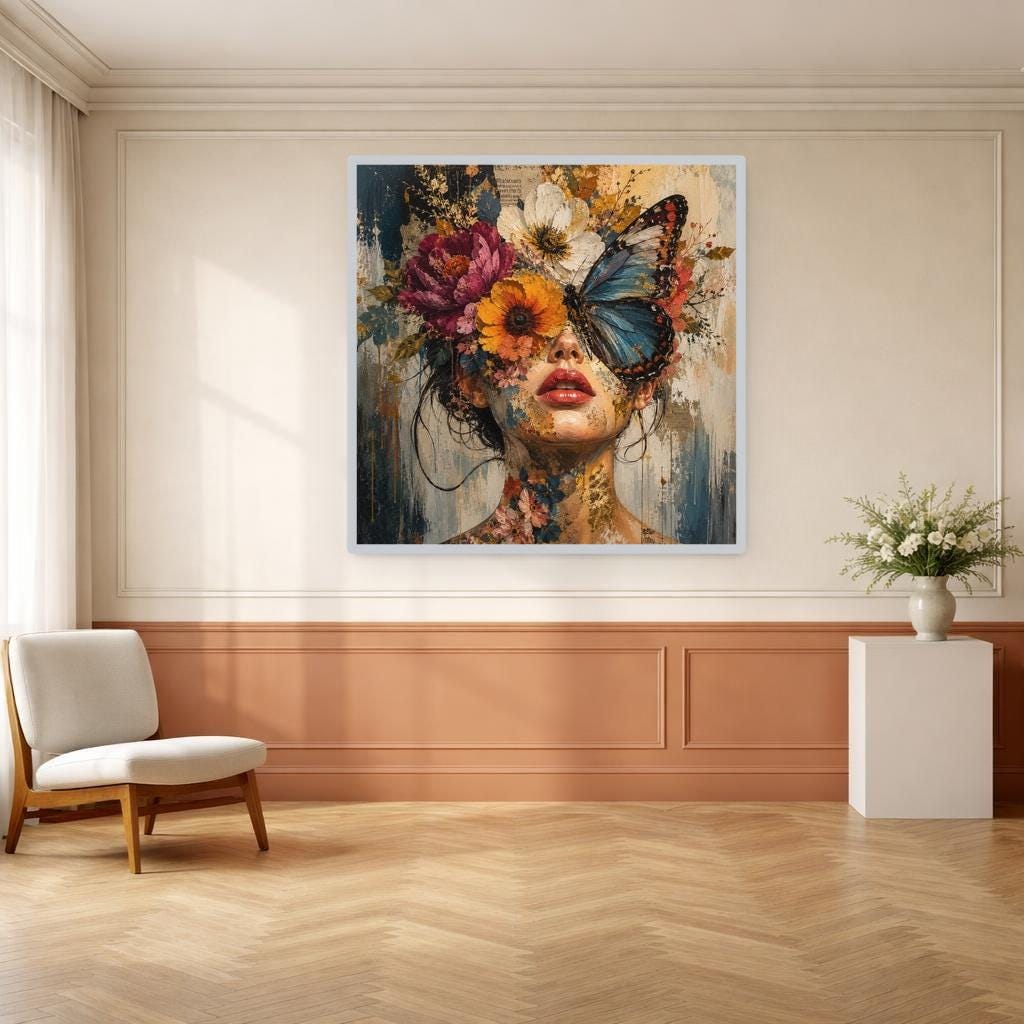 Floral Woman Portrait Wall Art Print, Moody Red Rose Portrait, Gothic Bedroom Gallery Decor