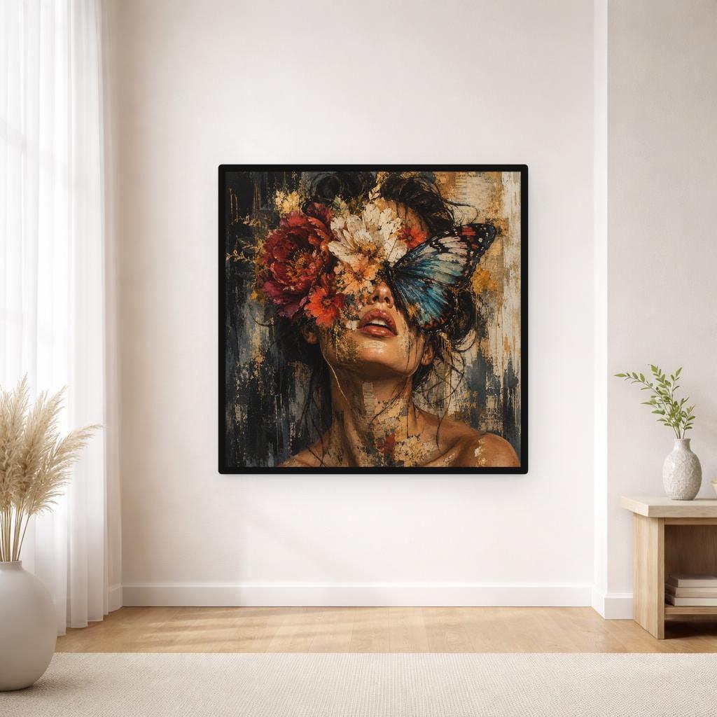 Floral Woman Portrait Wall Art Print, Moody Red Rose Portrait, Gothic Bedroom Gallery Decor