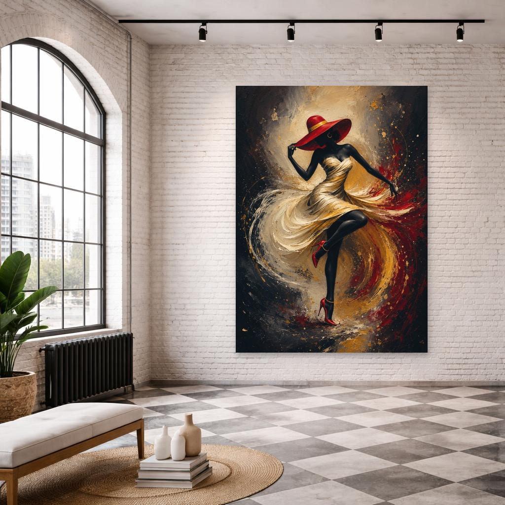 Dancing Woman in Gold Dress Canvas Wall Art, Moody Floral Print, Living Room Decor, Ready to Hang