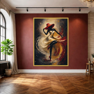 Dancing Woman in Gold Dress Canvas Wall Art, Moody Floral Print, Living Room Decor, Ready to Hang