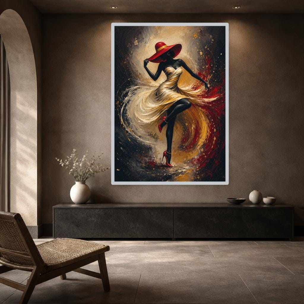 Dancing Woman in Gold Dress Canvas Wall Art, Moody Floral Print, Living Room Decor, Ready to Hang