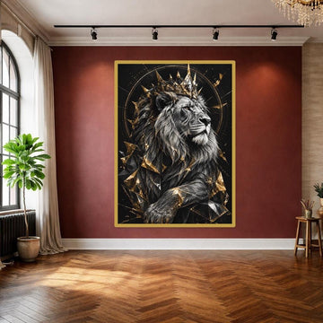 Black Modern Animal Art Lion with Crown Canvas Wall Art, Animal Wall Art, Living Room Decor, Framed Canvas