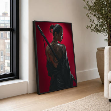 Red and Black Samurai Woman Canvas Wall Art, Tattoo on Back