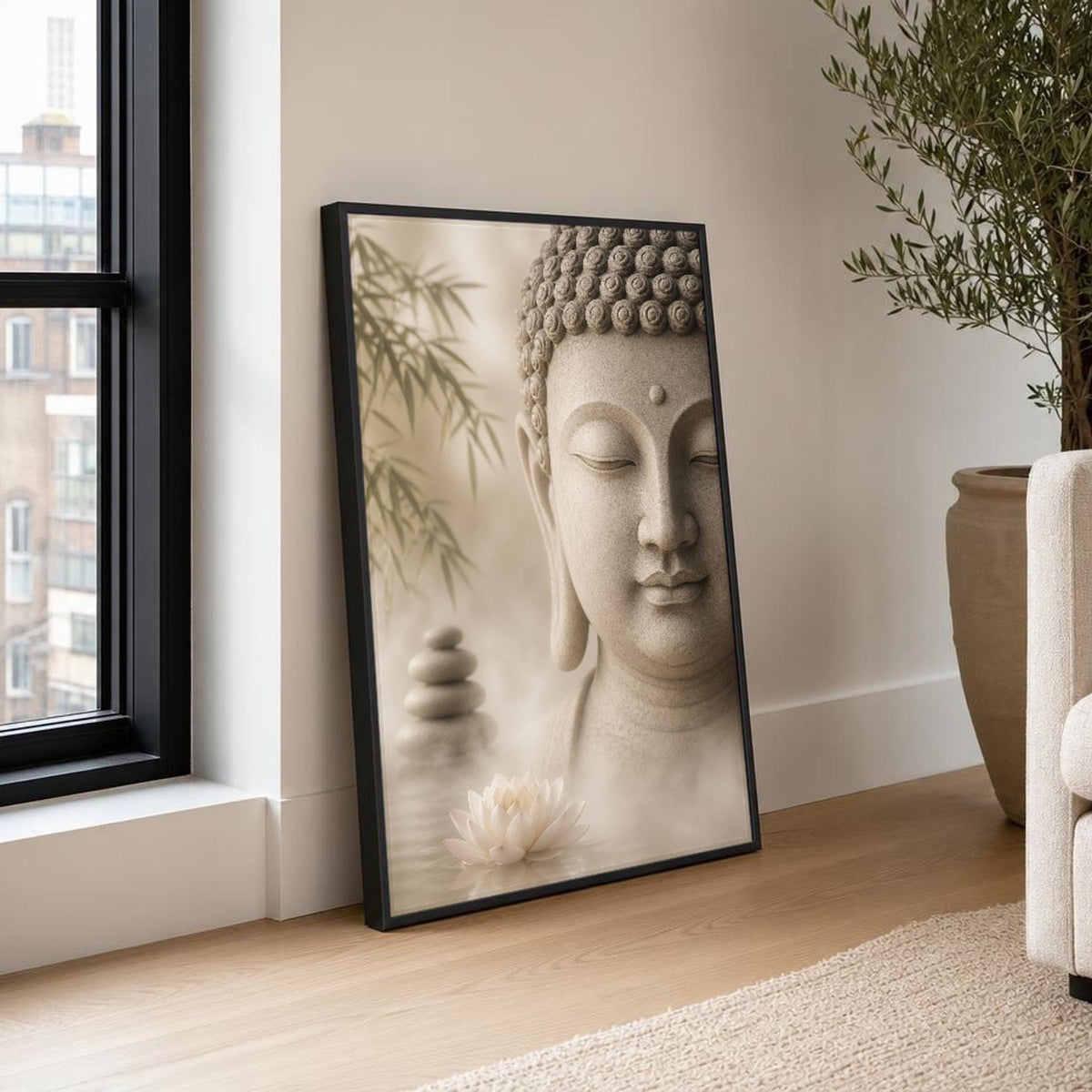 Beige and White Buddha Canvas Wall Art, Lotus