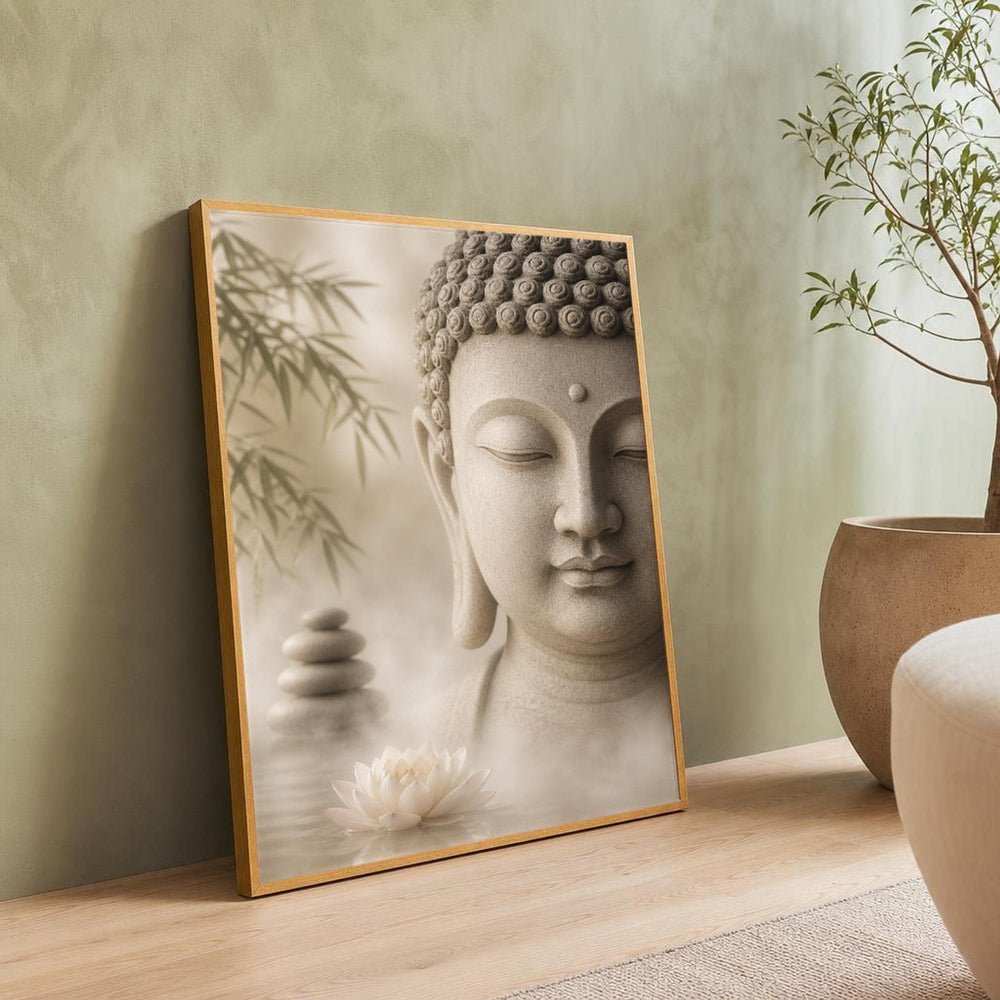 Beige and White Buddha Canvas Wall Art, Lotus