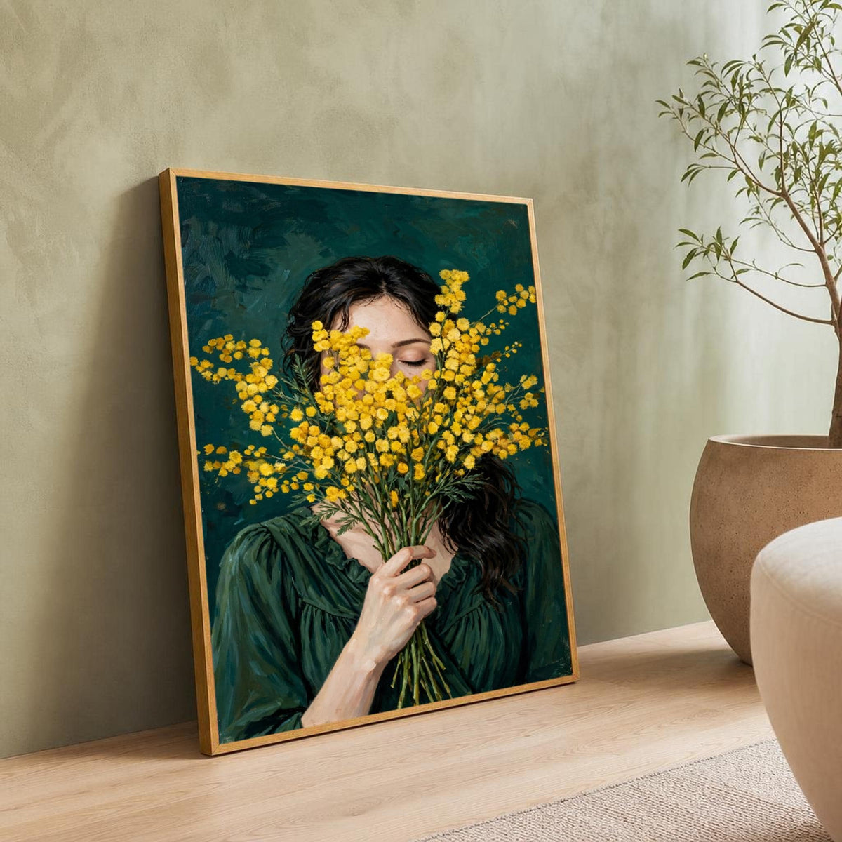 Woman with Flowers Canvas Wall Art, Natural, Woman Holding Flowers