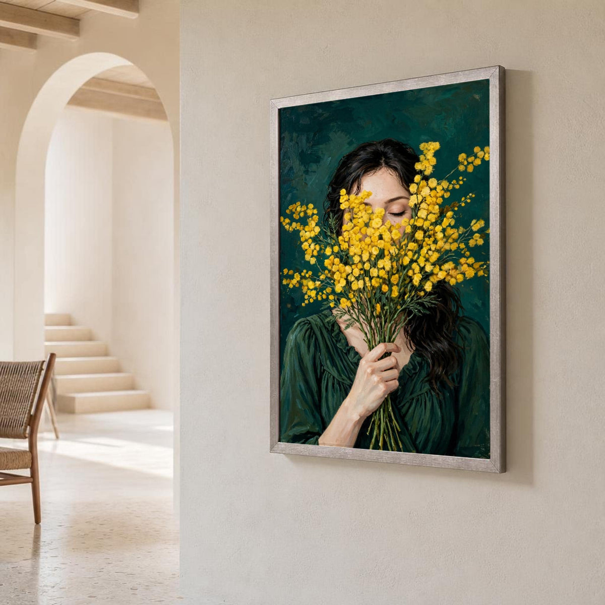 Woman with Flowers Canvas Wall Art, Natural, Woman Holding Flowers