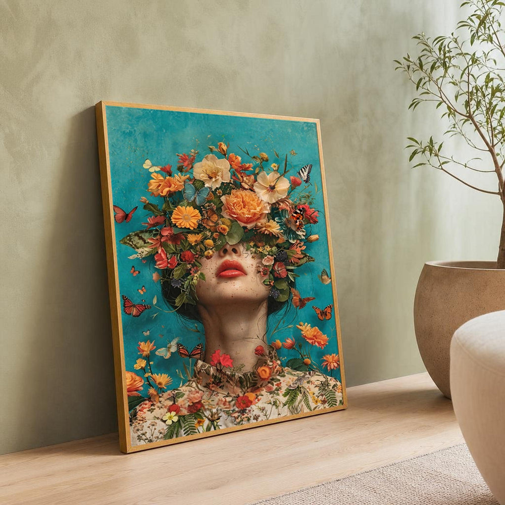 Turquoise and Orange Woman with Floral Headdress Canvas Wall Art, Whimsical, Butterflies