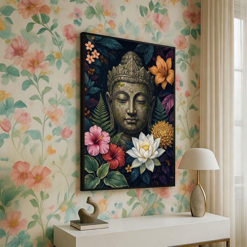 Image 5 of Serene Buddha and Floral Canvas Wall Art Print | Boho Living Room Decor | Meditation Statement Piece
