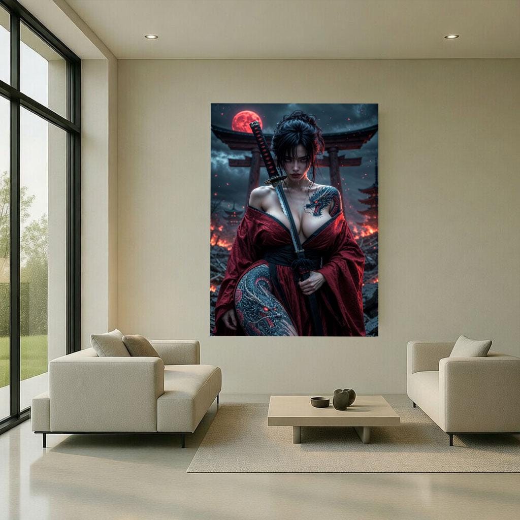 Image 6 of Elegant Samurai Woman Canvas Wall Art Print | Dramatic Red Bedroom Decor | Statement Piece