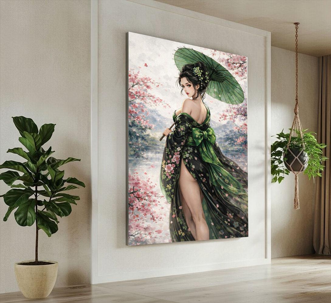 Image 4 of Japanese Geisha Canvas | Cherry Blossom Moss Green Art