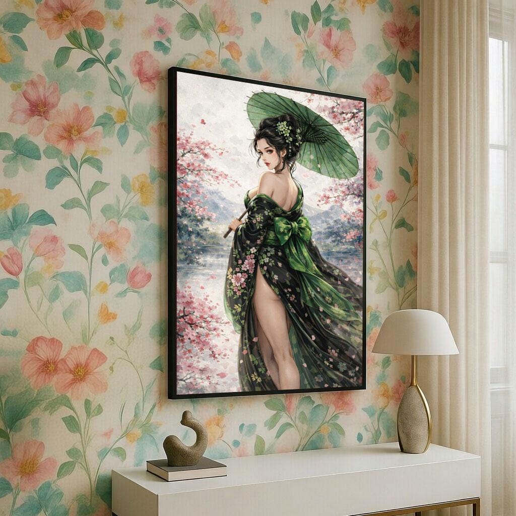 Image 5 of Japanese Geisha Canvas | Cherry Blossom Moss Green Art