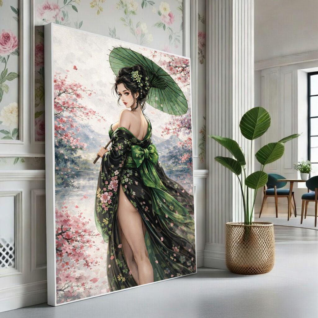 Image 1 of Japanese Geisha Canvas | Cherry Blossom Moss Green Art