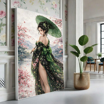 Image 1 of Japanese Geisha Canvas | Cherry Blossom Moss Green Art