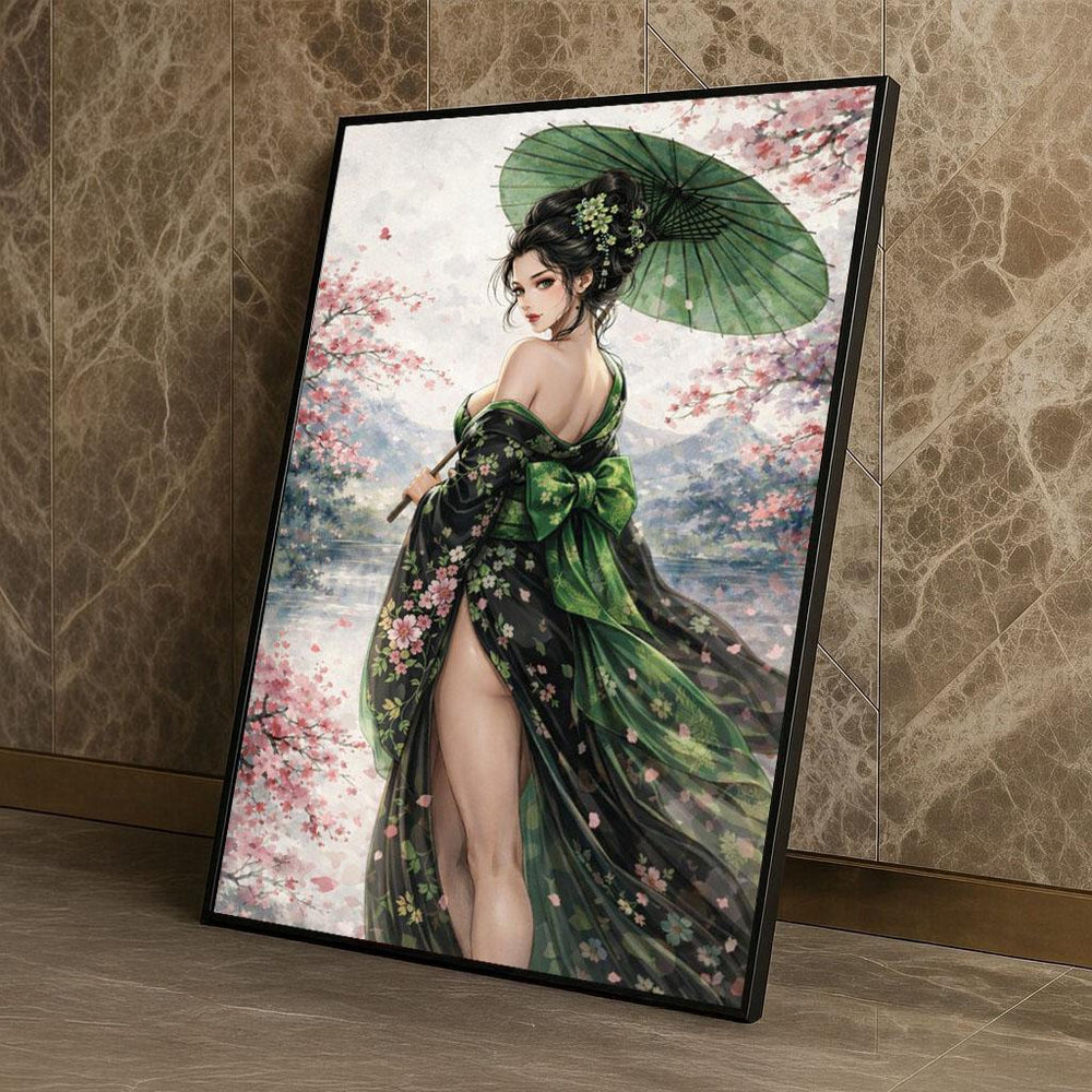 Japanese Geisha Canvas  Cherry Blossom Moss Green Art