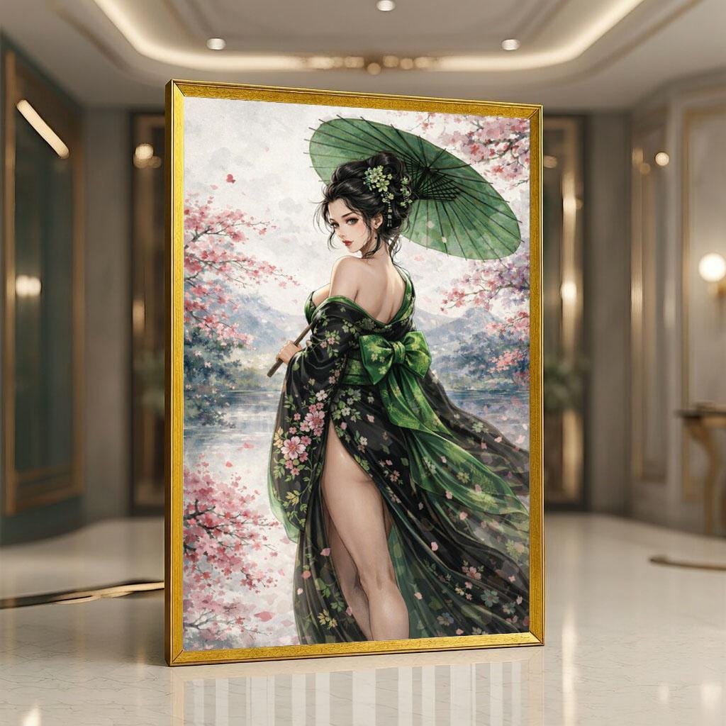 Image 3 of Japanese Geisha Canvas | Cherry Blossom Moss Green Art