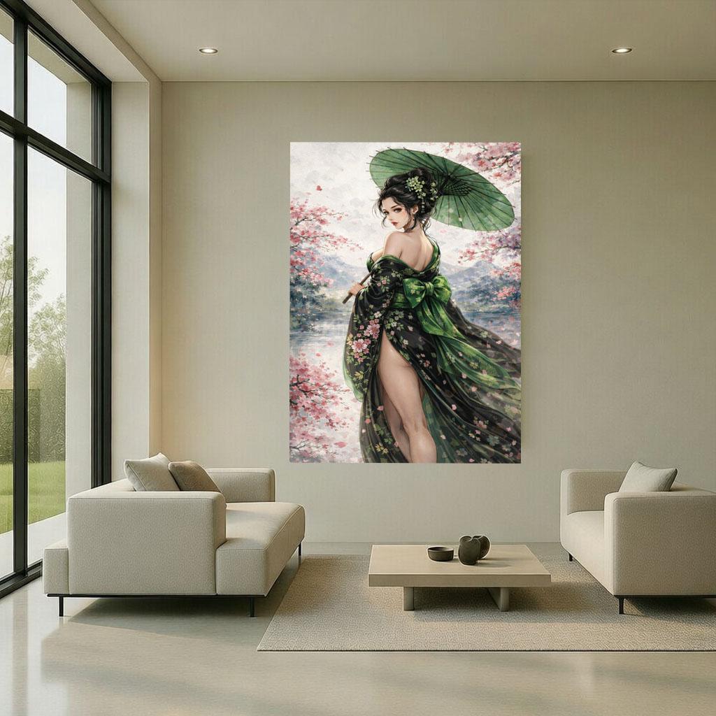 Image 6 of Japanese Geisha Canvas | Cherry Blossom Moss Green Art