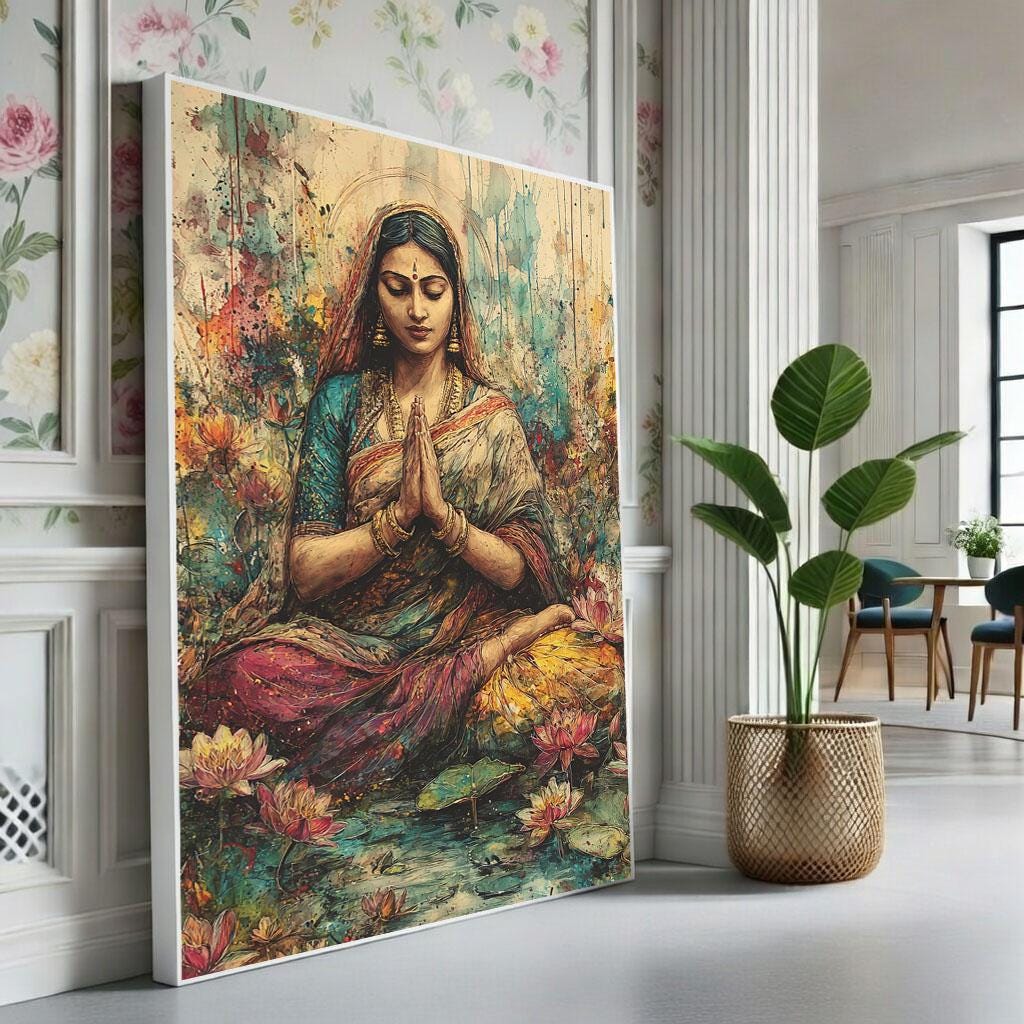 Image 1 of Goddess Saraswati Canvas | Lotus Water Meditation Art