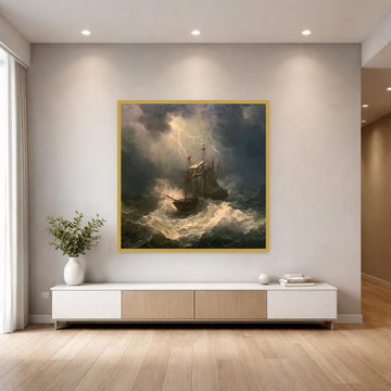 Stormy Ship At Sea Canvas Wall Art, Dramatic Seascape Print, Living Room Decor, Ready to Hang