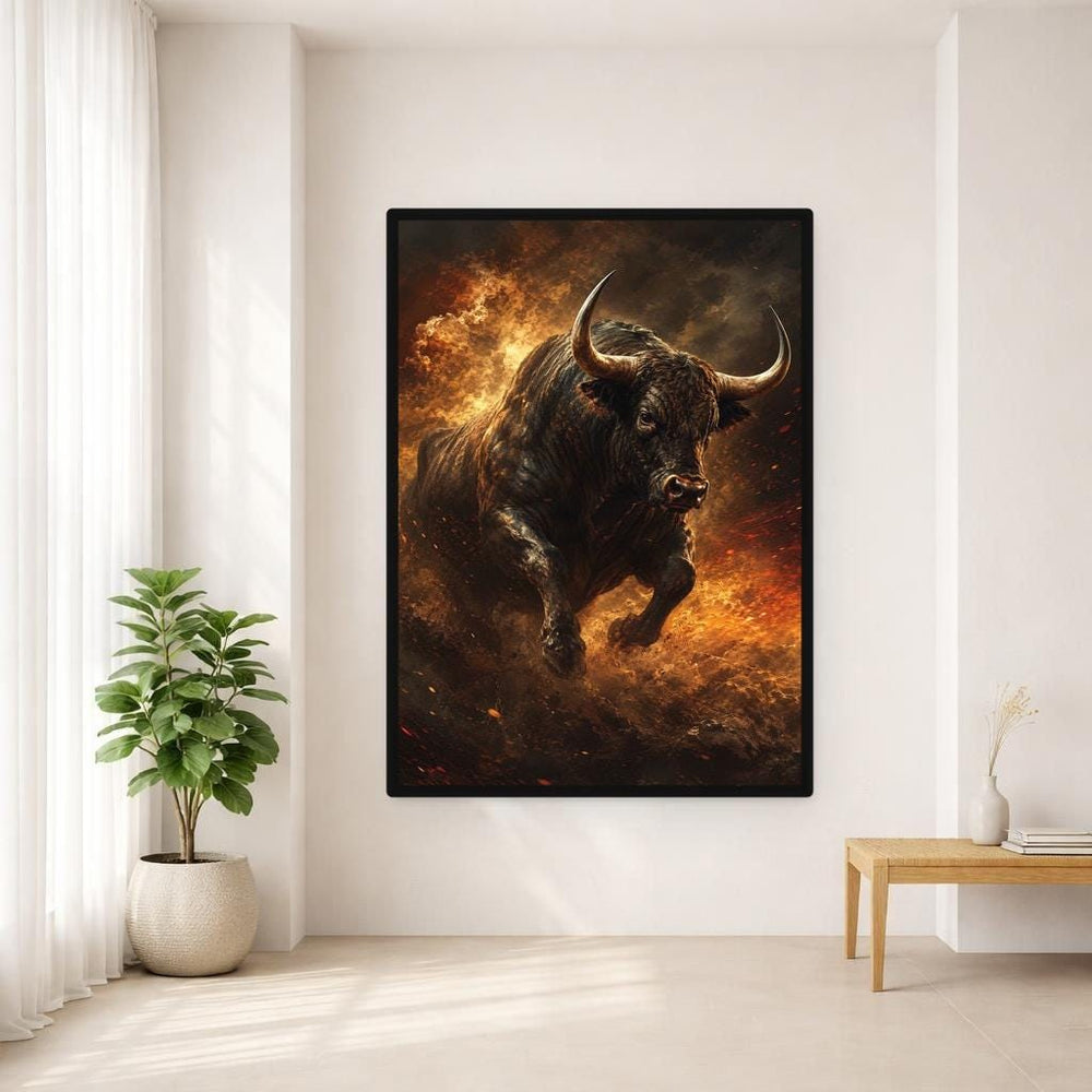 Charging Bull Framed Canvas Print, Dynamic Animal Art Wall Art, Office Decor