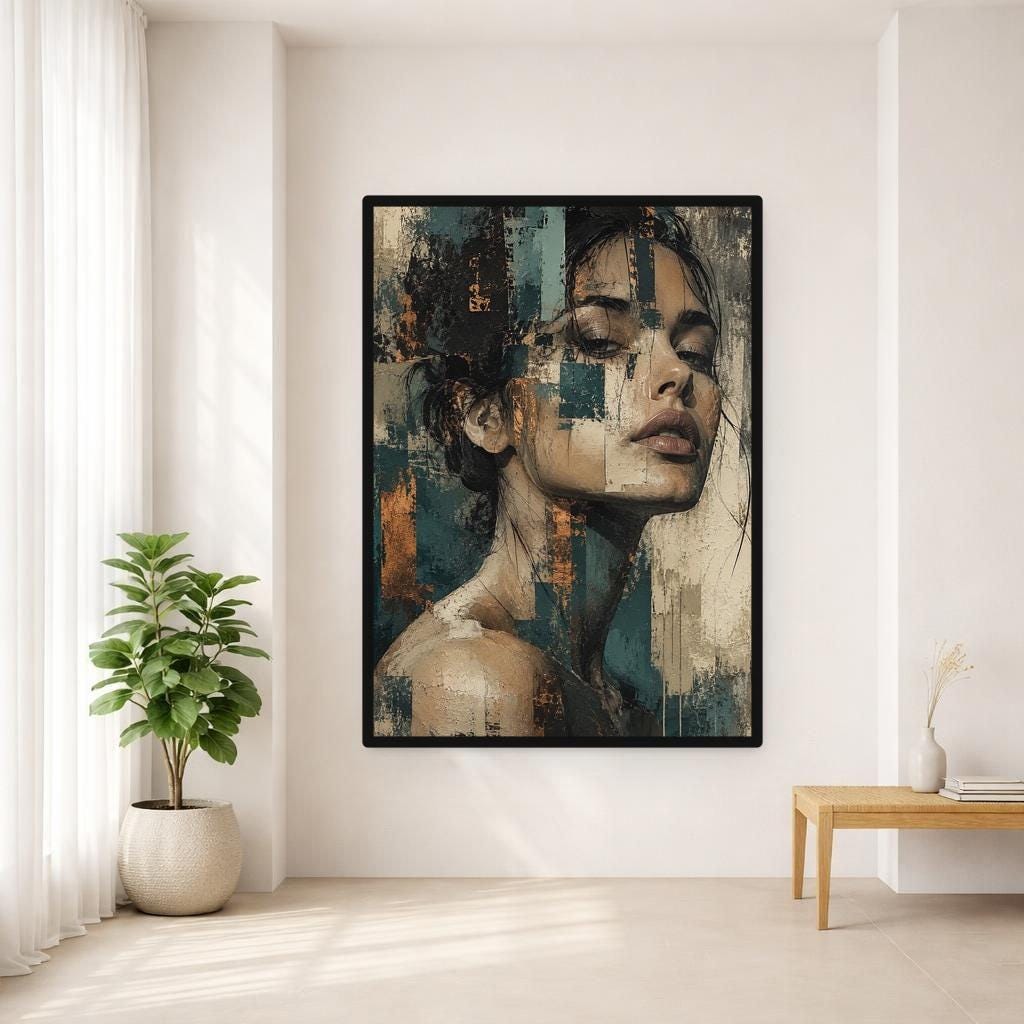 Teal Textured Abstract Art Abstract Woman Portrait Canvas Print, Portrait Print, Living Room Decor, Framed Canvas