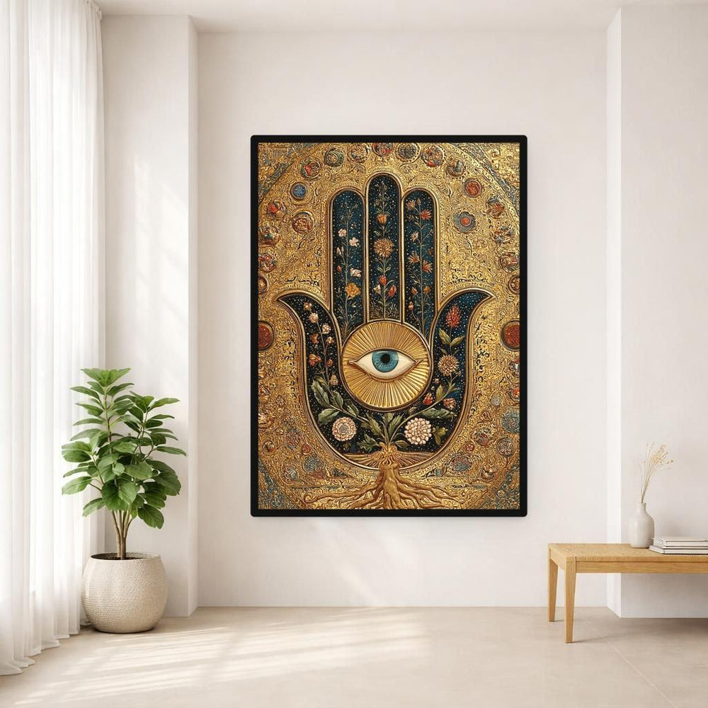 Mystical Hamsa Hand Art Print, Ornate Spiritual Art Canvas Wall Art, Living Room Decor, Framed Canvas