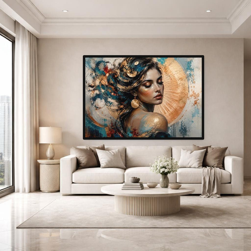 Gold Leaf Floral Woman Framed Canvas Print, Modern Floral Art Wall Art, Living Room Decor