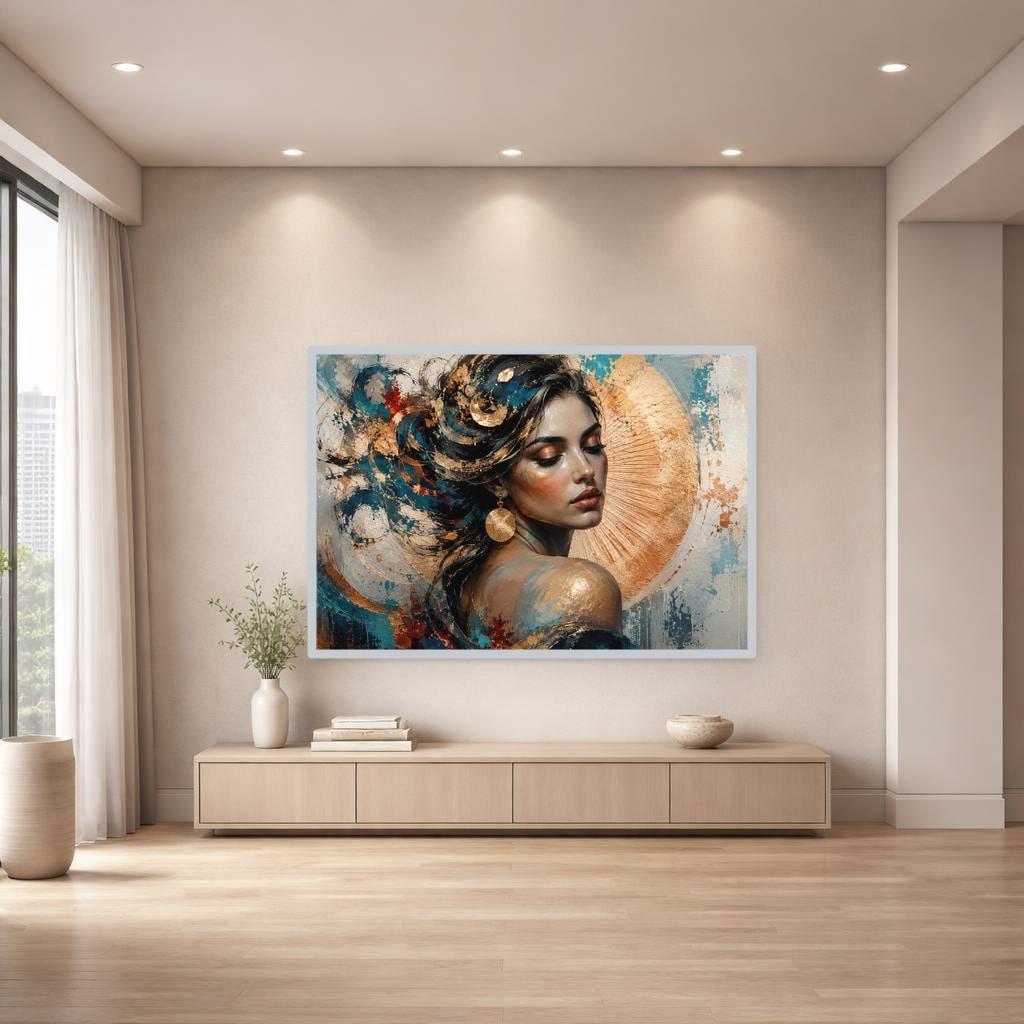 Gold Leaf Floral Woman Framed Canvas Print, Modern Floral Art Wall Art, Living Room Decor