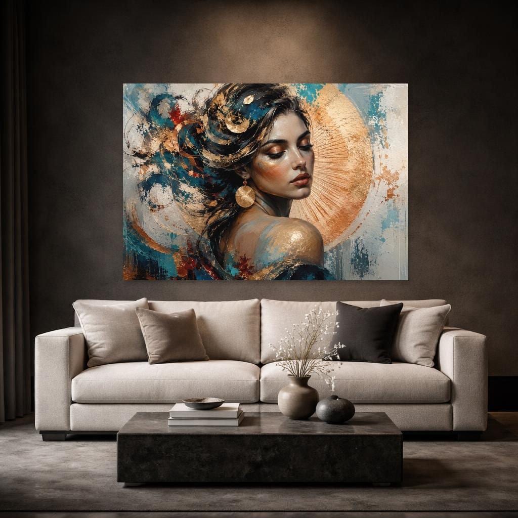 Gold Leaf Floral Woman Framed Canvas Print, Modern Floral Art Wall Art, Living Room Decor