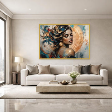 Gold Leaf Floral Woman Framed Canvas Print, Modern Floral Art Wall Art, Living Room Decor