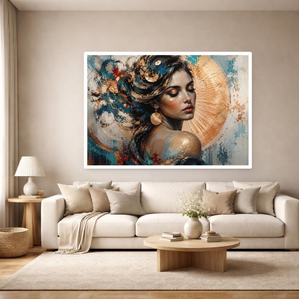 Gold Leaf Floral Woman Framed Canvas Print, Modern Floral Art Wall Art, Living Room Decor