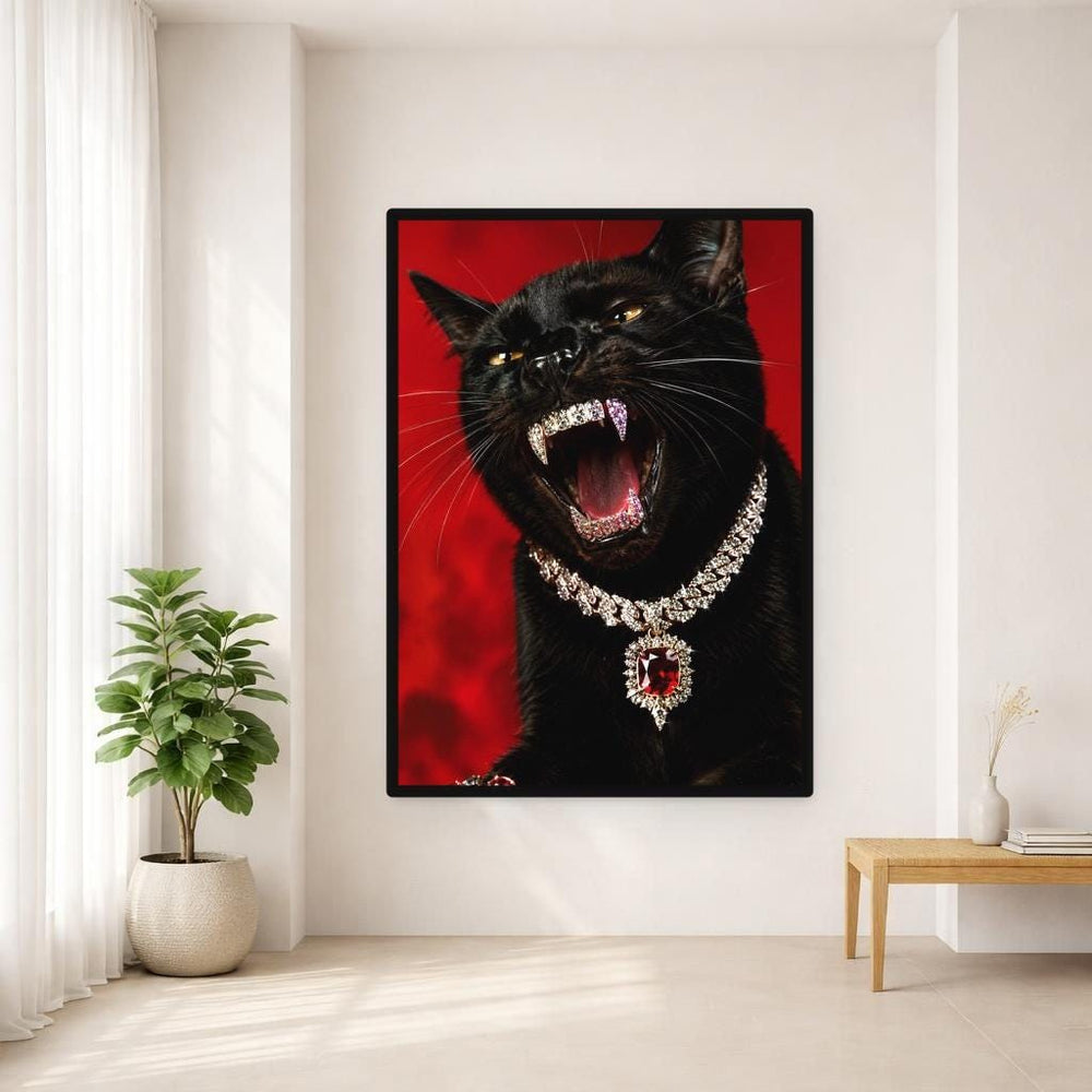 Black Cat with Jewelry Canvas Print, Animal Wall Art, Living Room Wall Decor, Ready to Hang