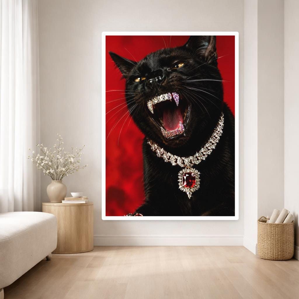 Black Cat with Jewelry Canvas Print, Animal Wall Art, Living Room Wall Decor, Ready to Hang