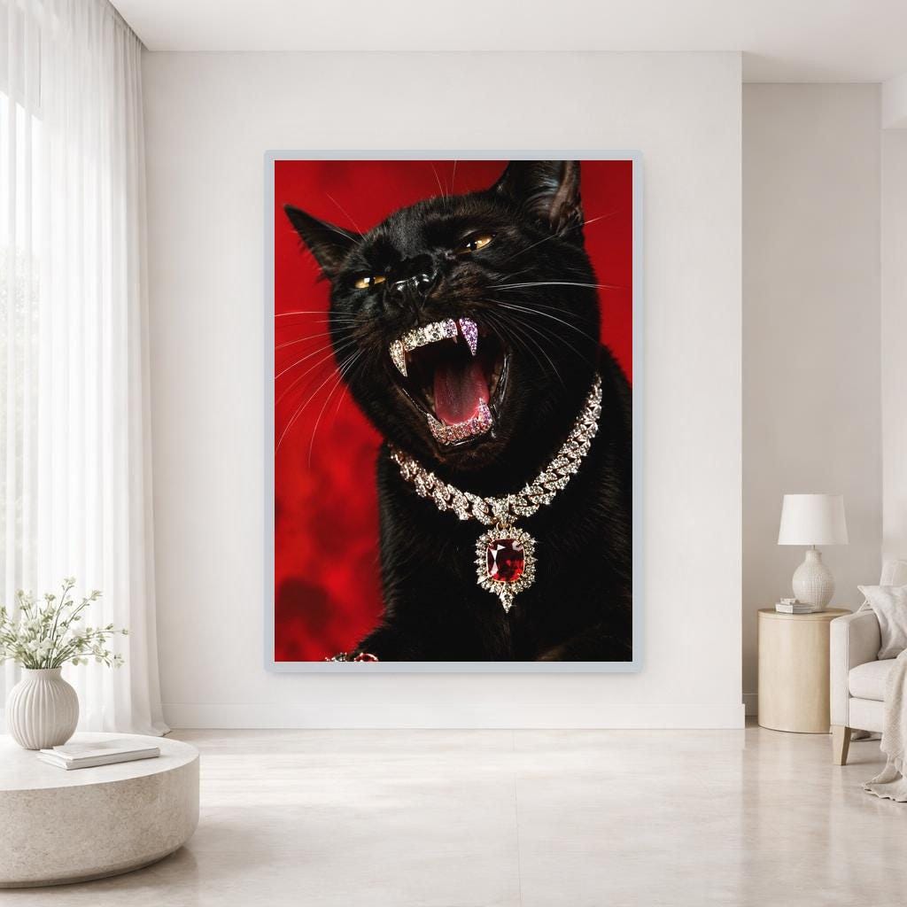 Black Cat with Jewelry Canvas Print, Animal Wall Art, Living Room Wall Decor, Ready to Hang