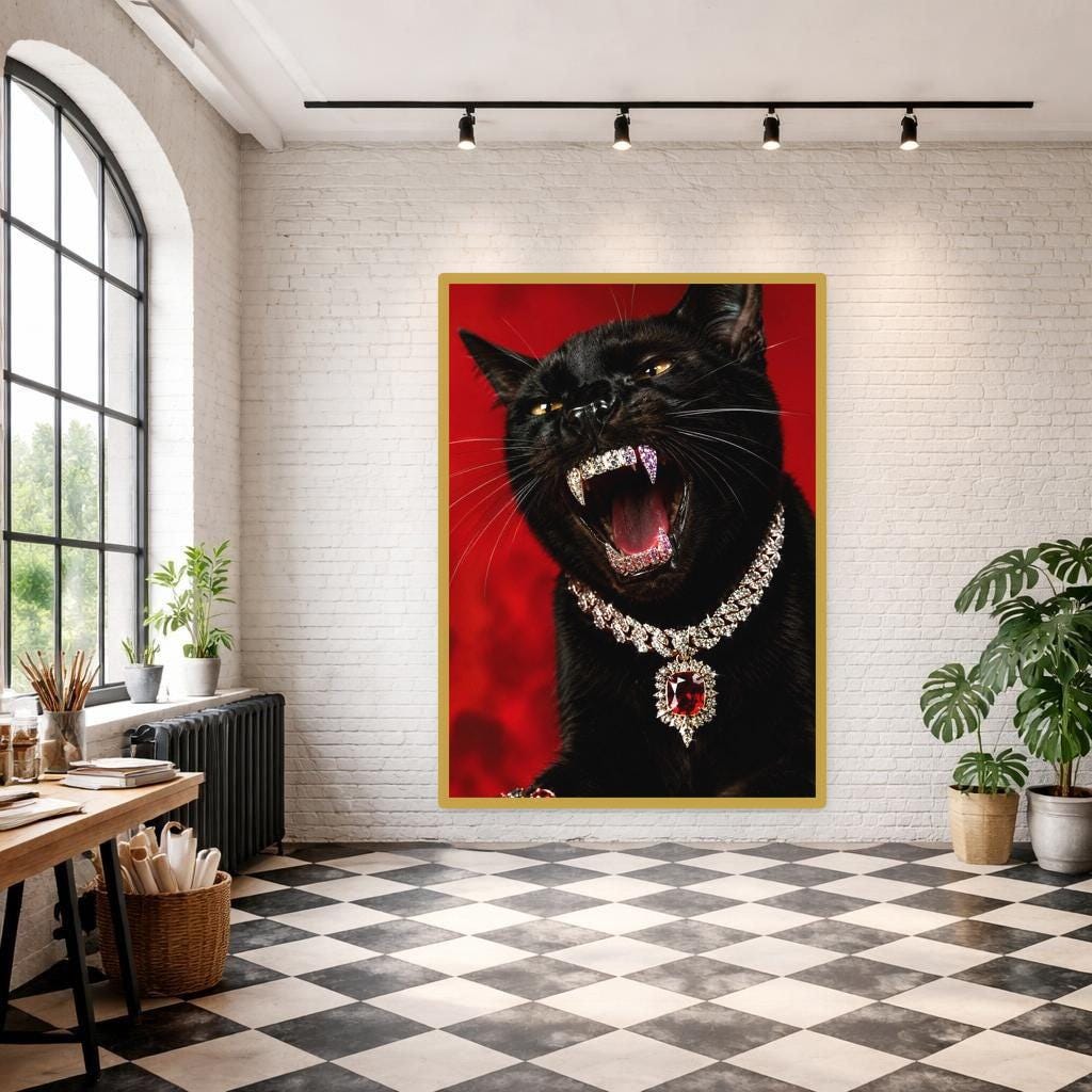 Black Cat with Jewelry Canvas Print, Animal Wall Art, Living Room Wall Decor, Ready to Hang