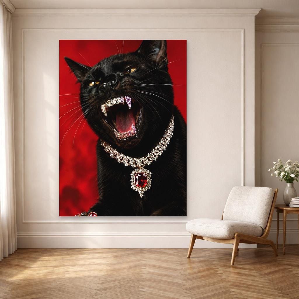 Black Cat with Jewelry Canvas Print, Animal Wall Art, Living Room Wall Decor, Ready to Hang
