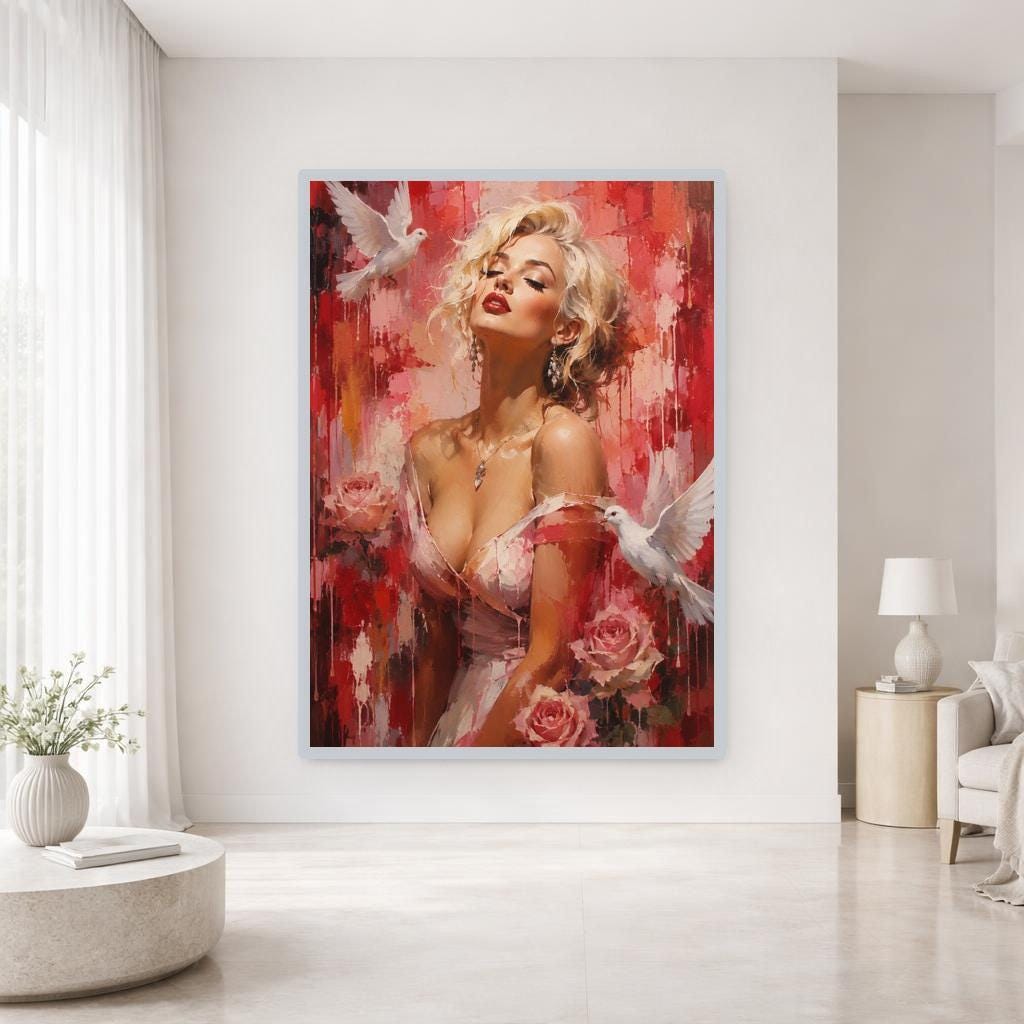 Red Romantic Floral Woman with Roses and Doves Canvas Print, Botanical Print, Living Room Decor, Framed Canvas