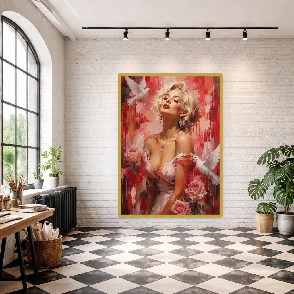 Red Romantic Floral Woman with Roses and Doves Canvas Print, Botanical Print, Living Room Decor, Framed Canvas
