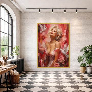 Red Romantic Floral Woman with Roses and Doves Canvas Print, Botanical Print, Living Room Decor, Framed Canvas