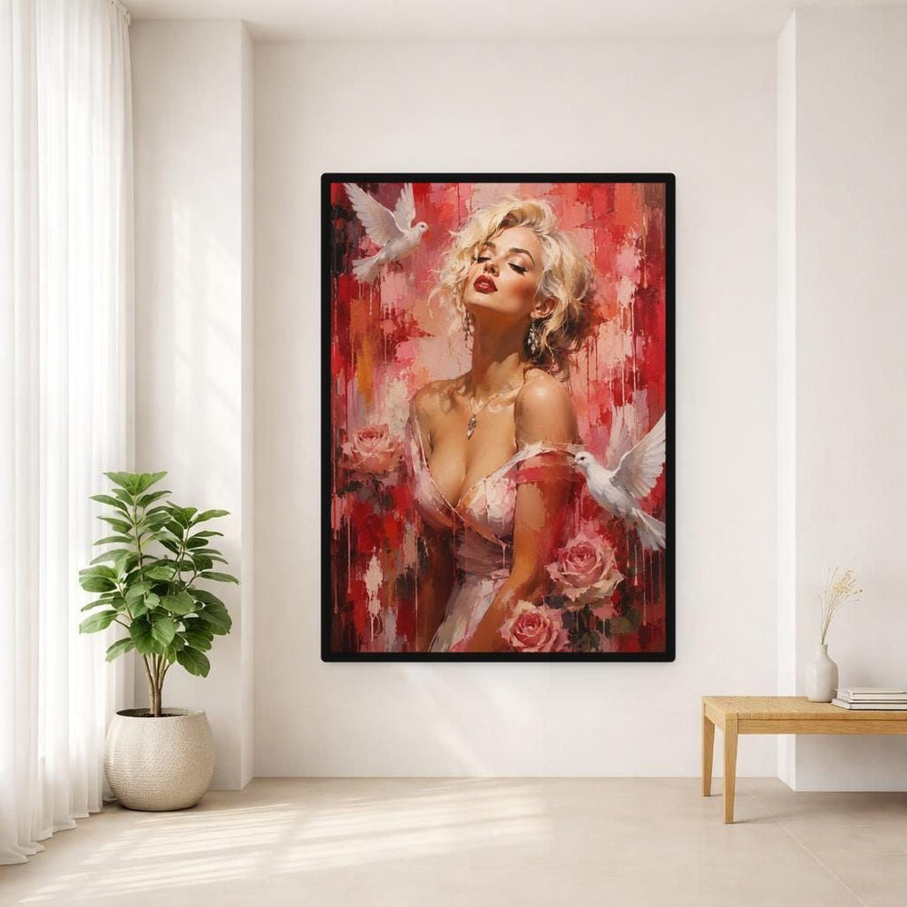 Red Romantic Floral Woman with Roses and Doves Canvas Print, Botanical Print, Living Room Decor, Framed Canvas