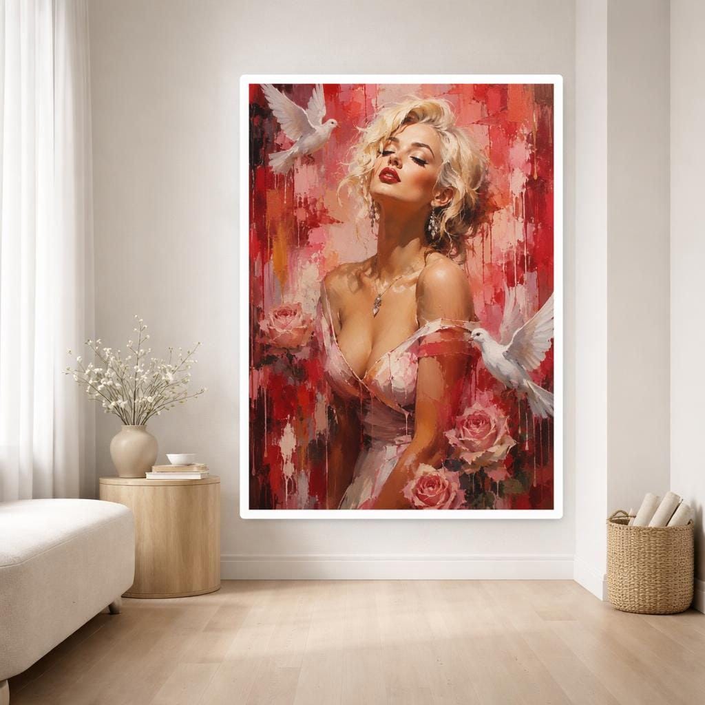 Red Romantic Floral Woman with Roses and Doves Canvas Print, Botanical Print, Living Room Decor, Framed Canvas
