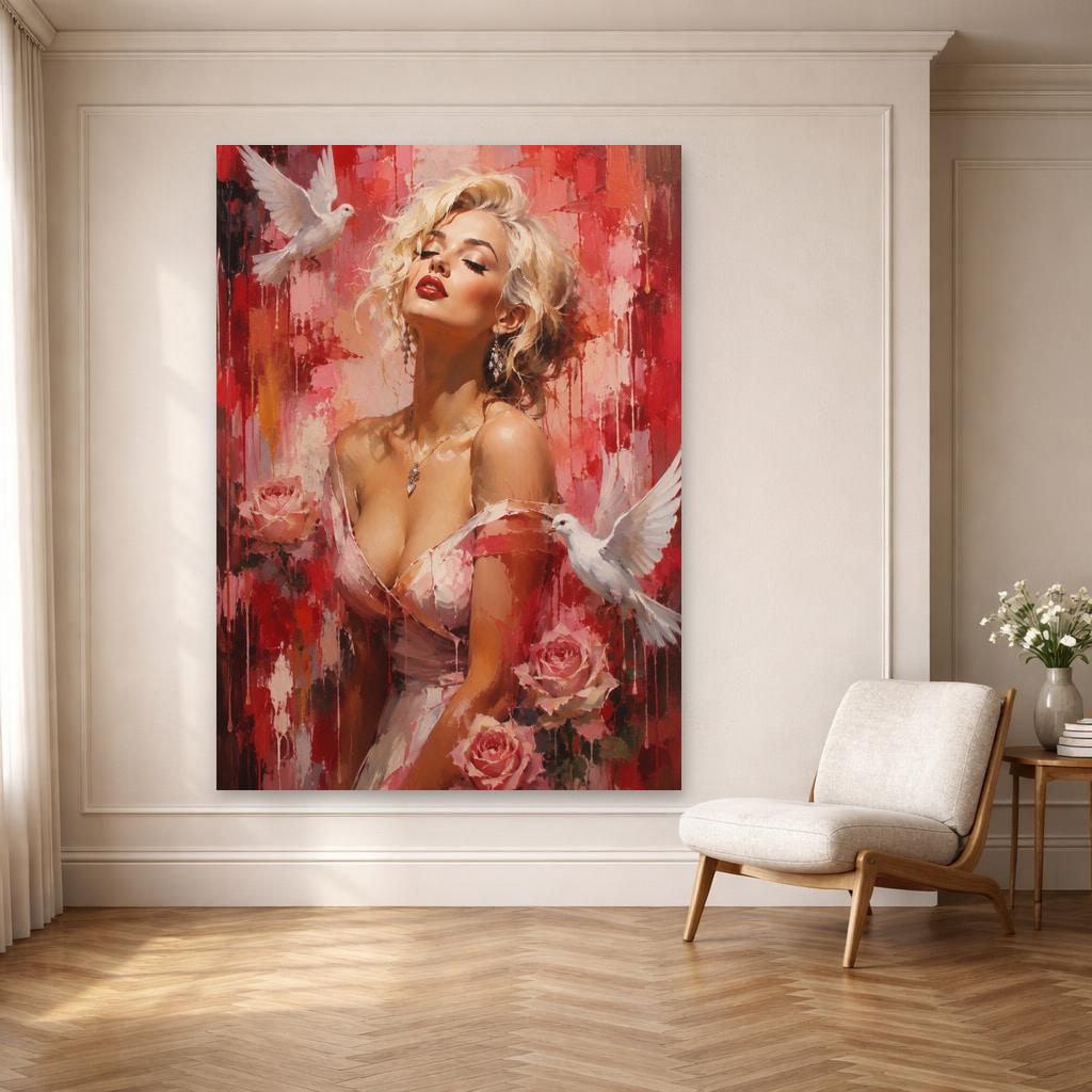 Red Romantic Floral Woman with Roses and Doves Canvas Print, Botanical Print, Living Room Decor, Framed Canvas